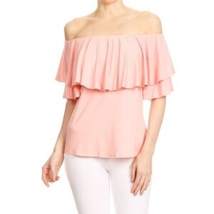 VaVa by Joy Han • Addina Top ruffle flounce off shoulder jersey knit Peach